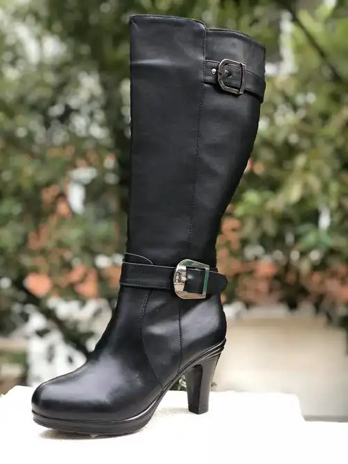 冬季新款森达女靴头层牛皮中跟长筒靴子时装时装靴