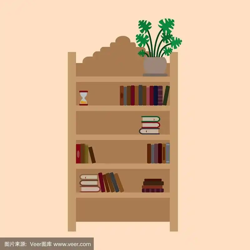 书架与书籍,沙漏和植物盆栽矢量图标颜色,卡通插图设计