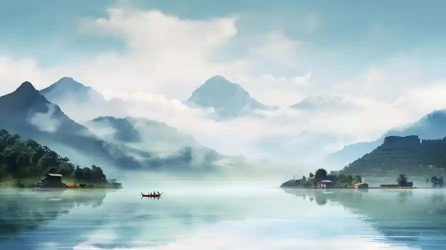 湖面上渔船渔民远景渔船渔民渔夫山水画意境自然景色山湖风景旅游宣传