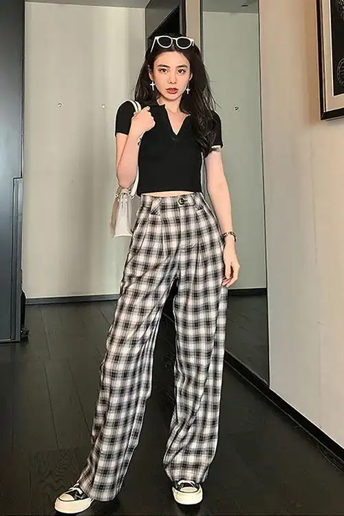 黑白格子阔腿裤