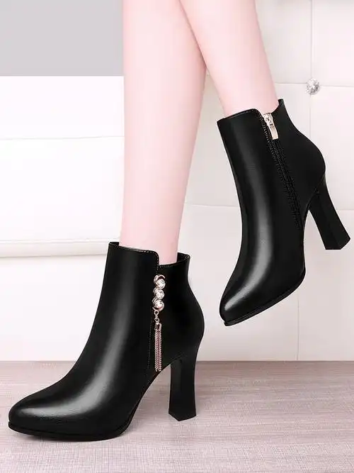 高跟鞋女鞋子粗跟2020年新款百搭加绒短靴女士秋冬季靴子高帮皮鞋