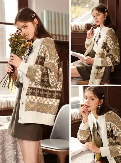 2020秋冬新款韩版宽松慵懒风时尚菱格外穿针织开衫c092643