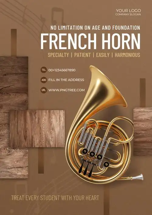 16款钢琴吉他小号架子鼓竖琴圆号乐器海报psd模板