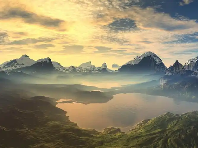 黄昏山峰湖泊美景景色风景