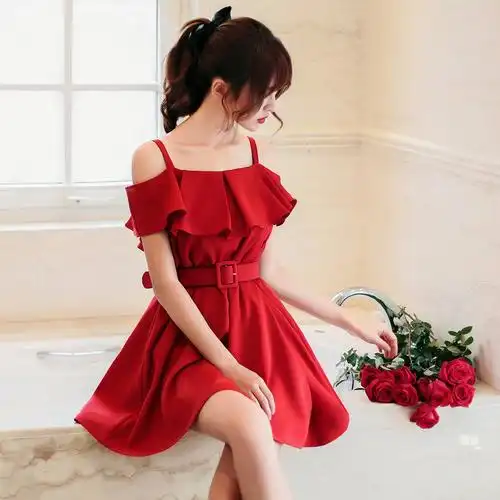 复古小红裙_复古小红裙一字领露肩荷叶边收腰雪纺大红色连衣裙女春夏