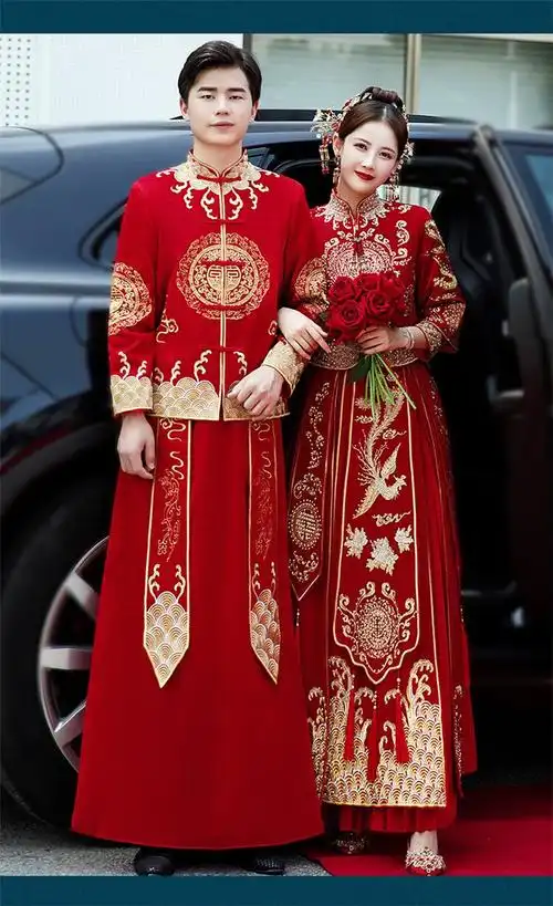 longzhuo新郎中式婚礼服大码秀禾服新娘显瘦男女情侣套装结婚敬酒服