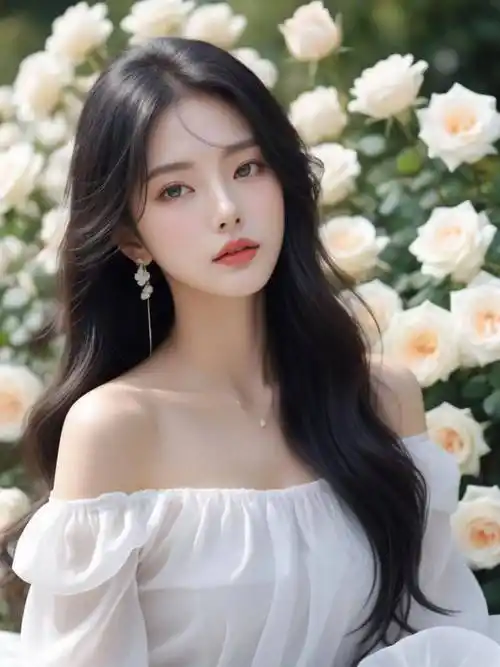 纯洁之美白玫瑰与白裙女神的唯美瞬间