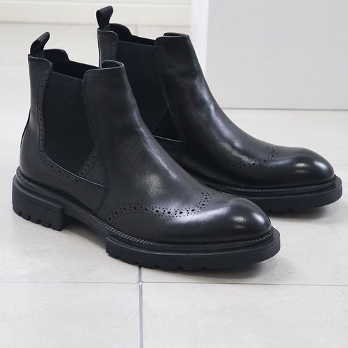 4厘米柔软厚底 好版型黑色牛皮切尔西靴子男士布洛克款式男靴皮靴