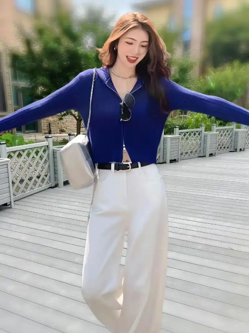 高级感秋装盐系穿搭御姐时尚蓝色毛衣阔腿裤两件套装女装~料子柔 - 抖