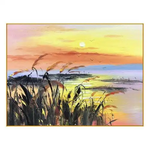 手绘油画金色麦田日出风景横幅客厅沙发背景墙油画