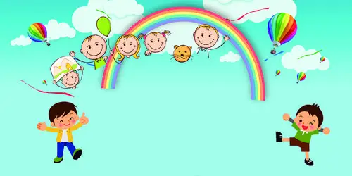 家长会卡通人物风景手绘幼儿彩虹蓝天开学季开学啦促销淡蓝色海报背景