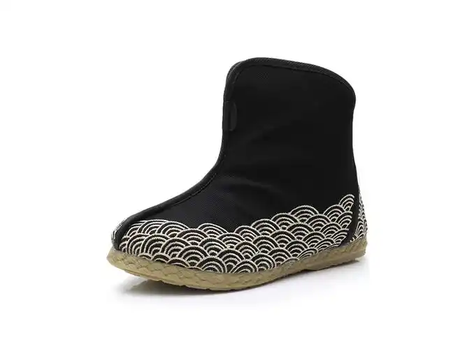 秋冬加绒唐靴中国风复古官靴祥云刺绣中式民族时装靴