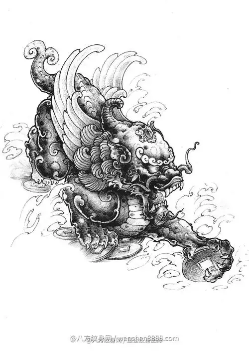 大臂传统貔貅纹身手稿 (7)