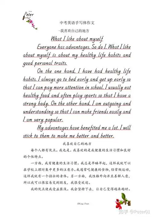 我喜欢自己的地方中考英语手写体作文