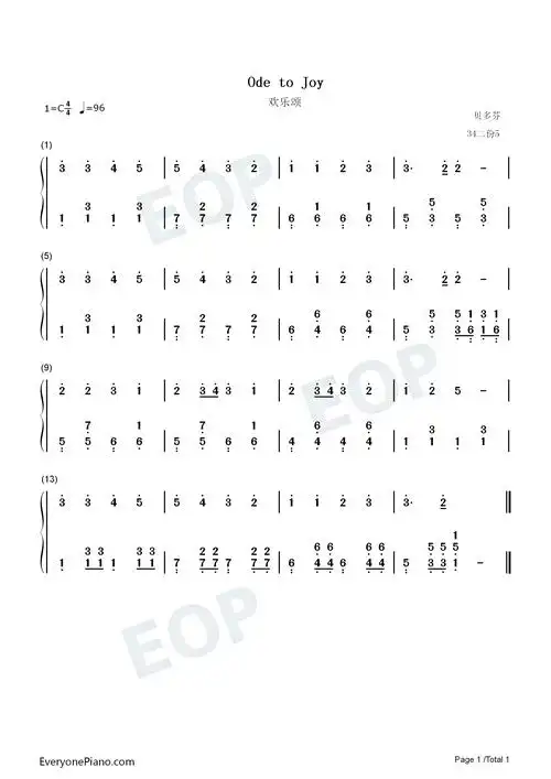 欢乐颂-song of joy双手简谱预览