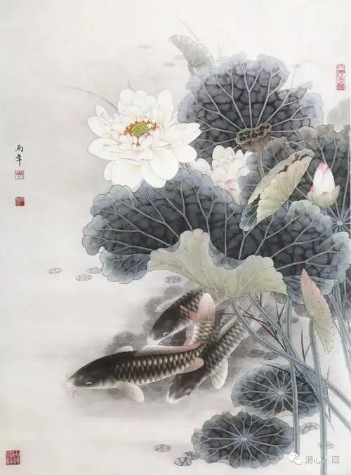 一组路雨年工笔,每一幅荷花鲤鱼都惊艳细腻