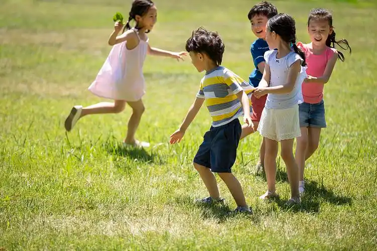 快乐的儿童在草地放风筝