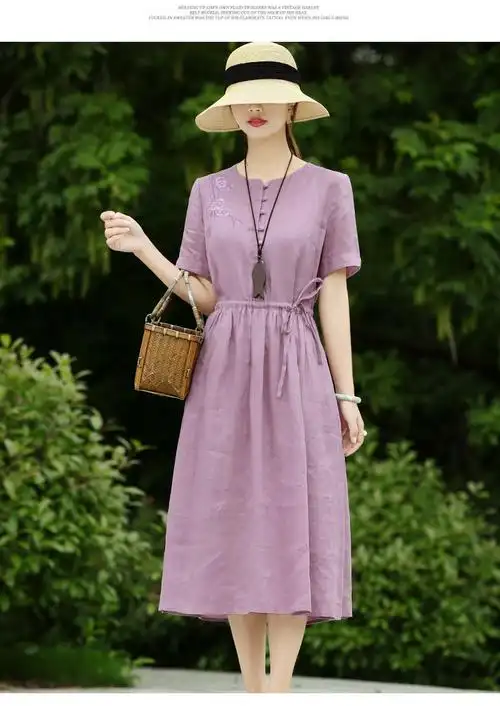 素订棉麻女装官方素素杭州中国风刺绣亚麻连衣裙女2022夏复古阔太太