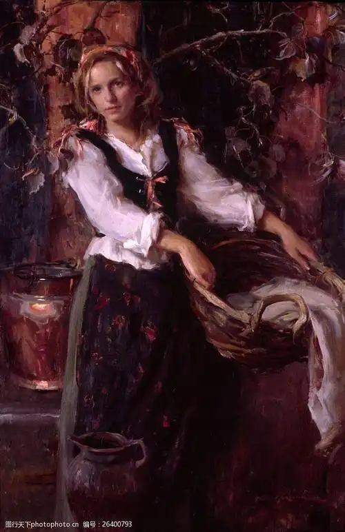 提着竹筐的古代欧洲美女油画图片