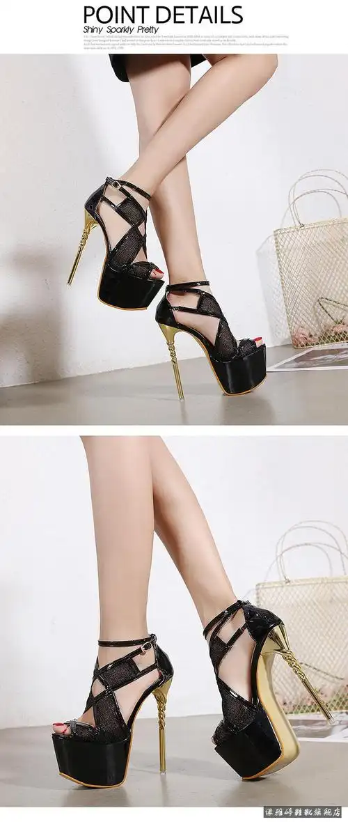 20厘米恨天高高跟鞋20cm银色婚鞋粗跟防水台模特夜店演出鞋18/公分超