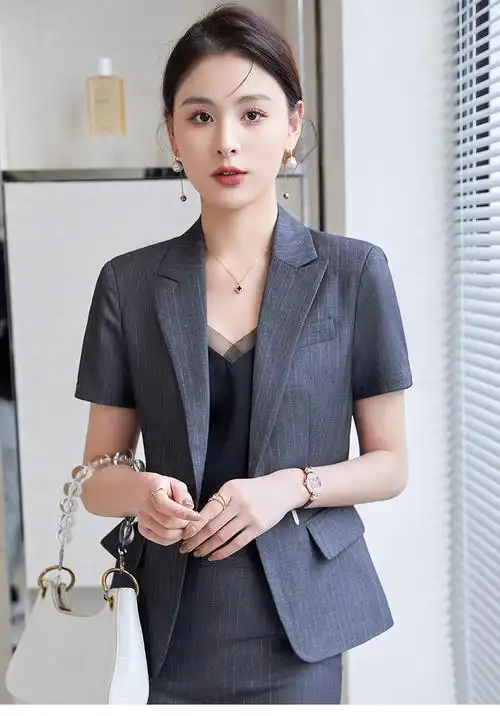 焕新职业装女套装条纹短袖西装夏季白领酒店业务员工作服701050