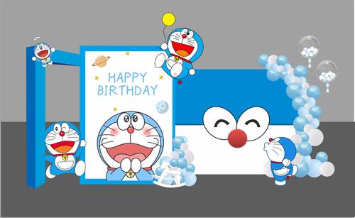 哆啦a梦派对素材卡通气球派对叮当生日派对百日满月背景宝宝生日