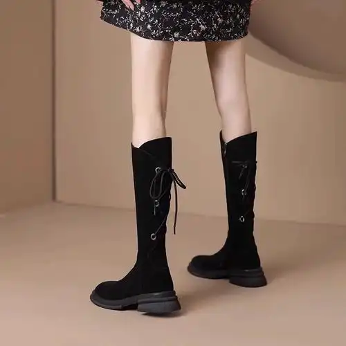 青蕴真皮小个子厚底磨砂超火长筒靴女秋冬2023新款复古高筒牛仔靴