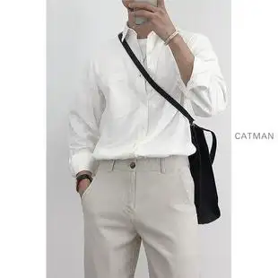 2021年春秋外穿美式休闲衬衫男长袖宽松纯色韩版高级感男士白衬衣