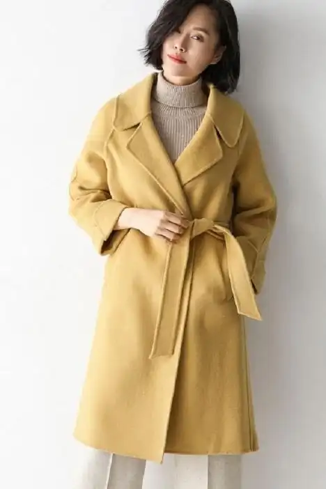 黄色双面羊绒大衣毛呢外套加厚2018新冬季中长款韩版双面呢赫本风
