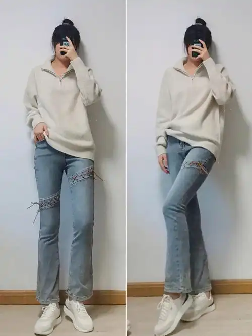 高个子辣妹绑带牛仔裤冬季日常穿搭
