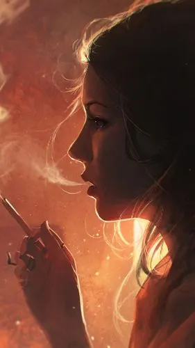 迷人的烟雾,好看的侧脸,抽烟年轻女孩高清图片手机壁纸1080