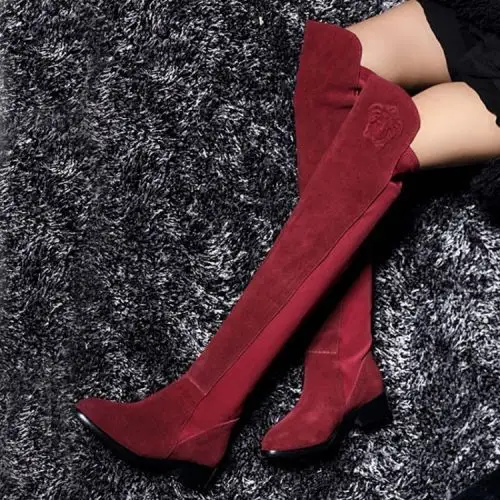 欧美新款高筒靴过膝长靴女秋冬季瘦腿弹力靴酒红色真皮靴磨砂靴子