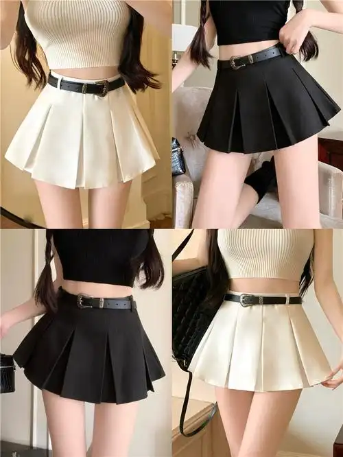 实拍实价 百褶半身裙女春季超短裙裤高腰性感带腰带裙子 - 17网