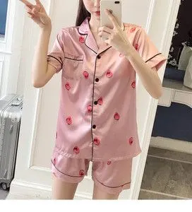 草莓粉色仿真冰丝绸短袖短裤开衫衬衫睡衣女家居服套装夏季薄款女