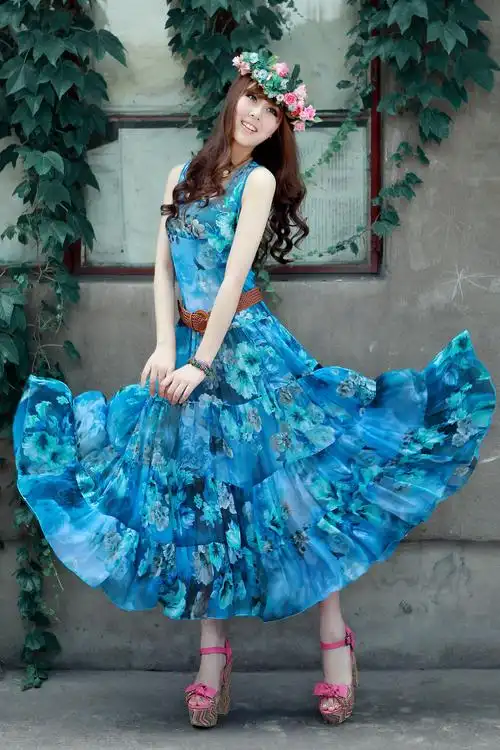 新款女装 波西米亚无袖连衣裙 雪纺裙长裙 夏季 特价 送腰带