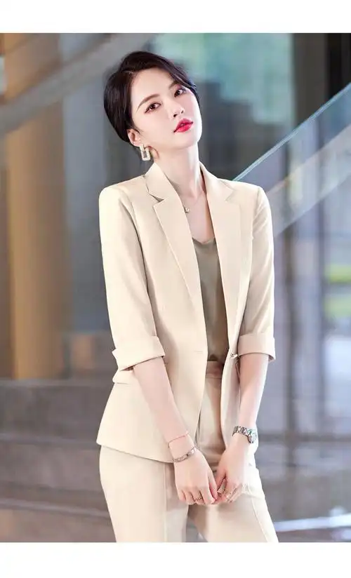 页超 高个子女装套装夏杏色小西装外套女春夏新款休闲职业西服套装女