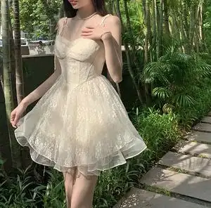 仙女蕾丝网纱连衣裙女2022夏吊带抹胸鱼骨高腰a字公主蓬蓬裙6056