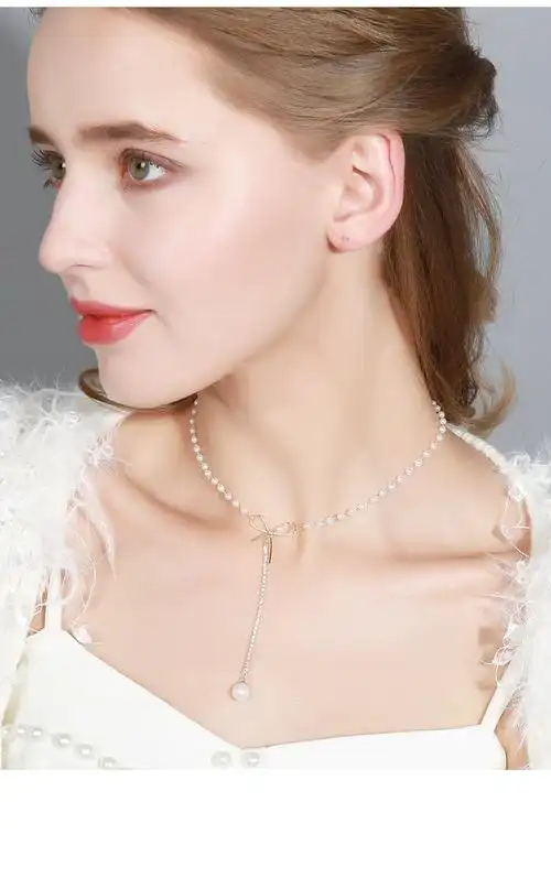 戴拉珍珠项链女chic短款颈链优雅气质蝴蝶结流苏锁骨链女士吊坠链子