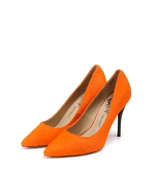 女款桔色牛毛尖头高跟浅口单鞋