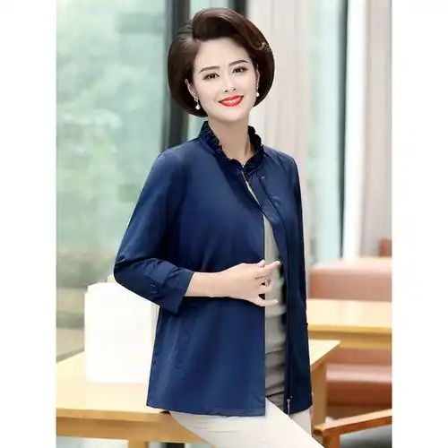 蓝旗女士衬衣宝蓝色上衣系带修身立领真丝衬衫中老年长袖设计款