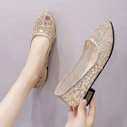 粗跟蕾丝单鞋韩版百搭女士懒人鞋工作鞋