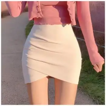 裙子短裙不规则皱褶高腰短款裙女紧身弹力一步裙包臀半身白色白色xs