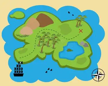 卡通藏宝图卡通野生动物在丛林中河边的宠物宝宝.