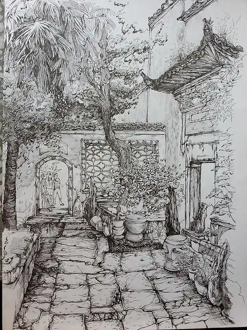 古镇风景速写宏村写生