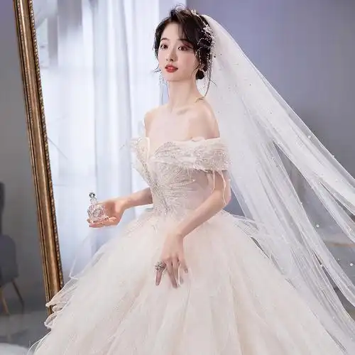 一字肩婚纱2022新款宫廷风奢华大拖尾新娘结婚主婚纱礼服遮粗手臂