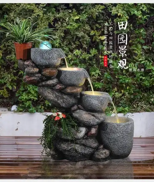 2021新品假山流水喷泉小型鱼池顶楼阳台装饰花园布置庭院循环造景景观