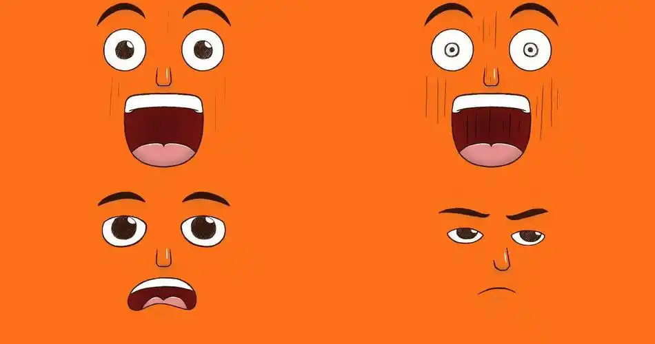 一张孤立在橙色背景上的惊讶脸的手绘动画