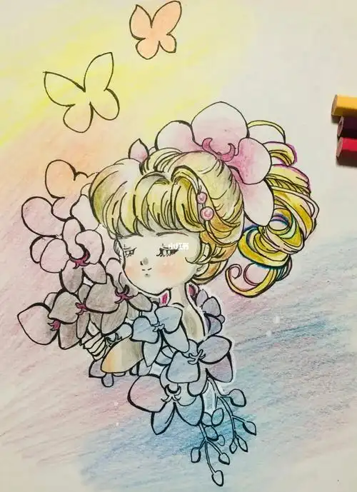 彩铅手绘临摹蝴蝶兰女孩
