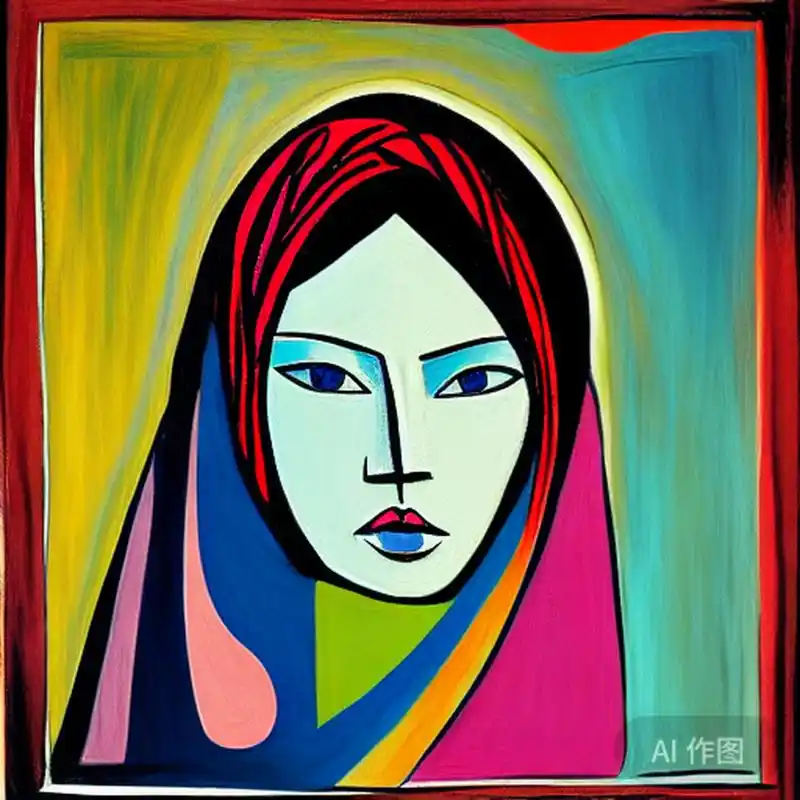 毕加索画风,抽象,五官扭曲,人物刻画,现代画风,色彩鲜艳.