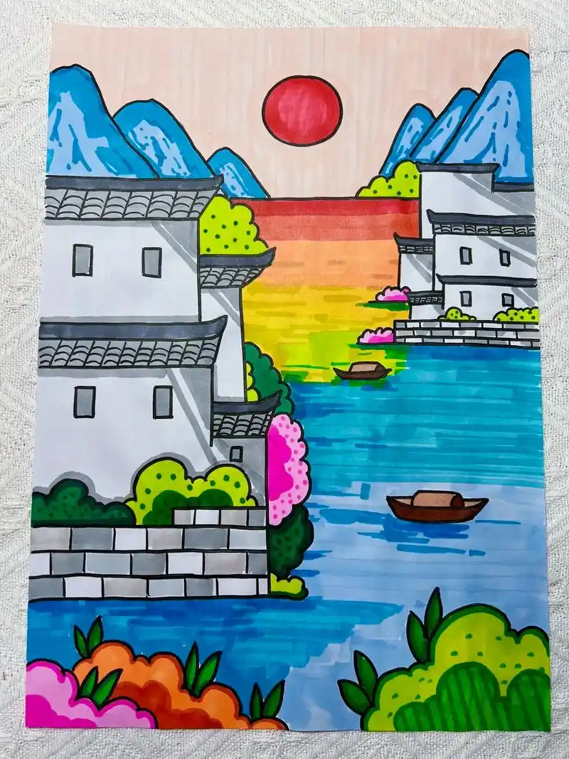 儿童创意画小镇风景.#一起学画画 #跟着抖音学画画 #儿童画 - 抖音